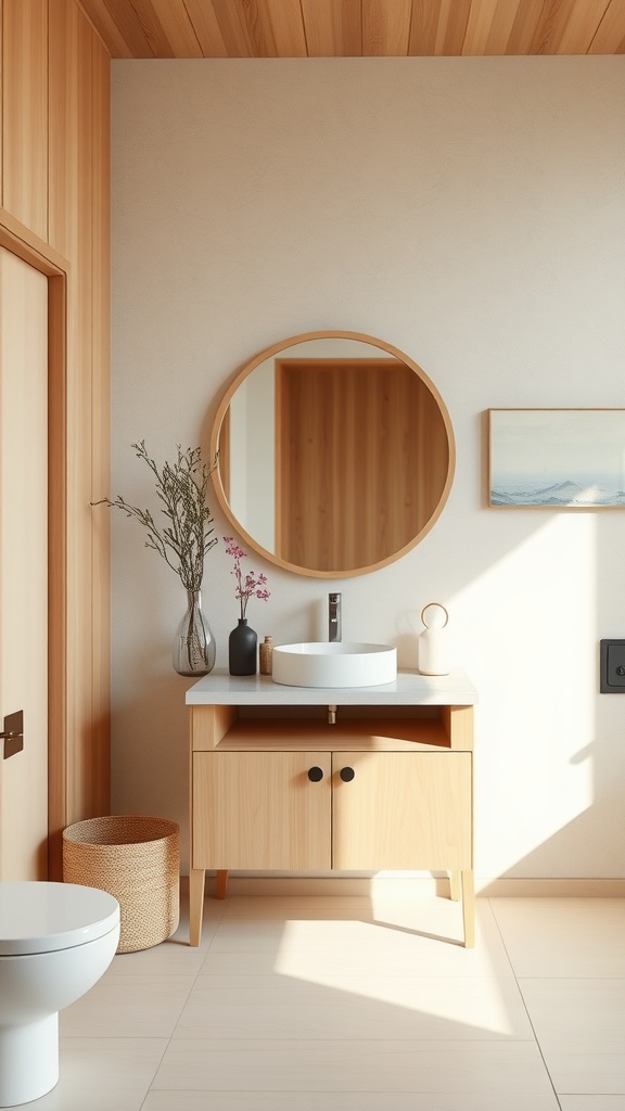 A minimalist bathroom featuring a natural wood vanity, round mirror, and soft decor elements.