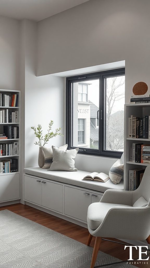 A minimalist home library showcasing a sleek window seat with cushions, surrounded by bookshelves.