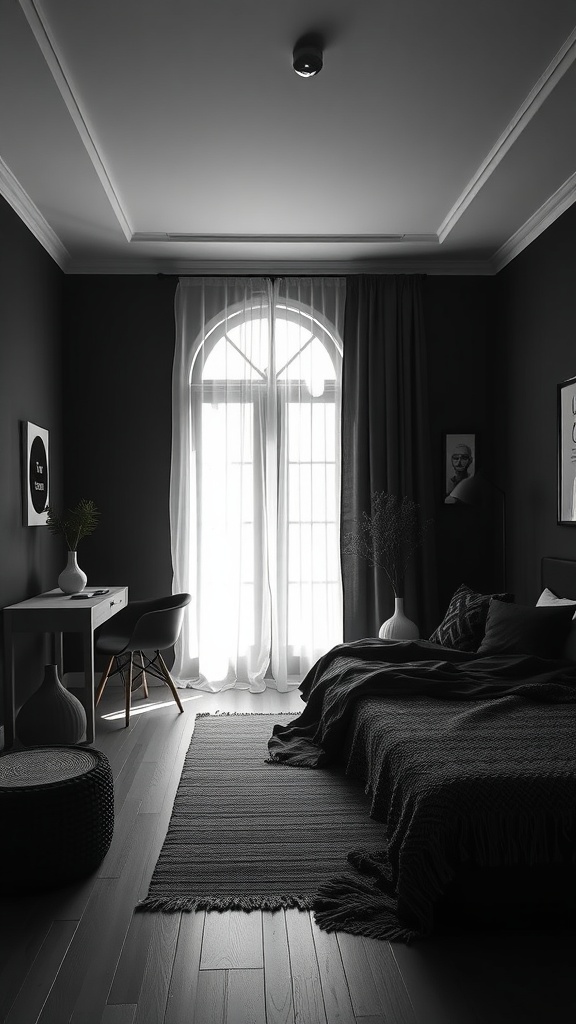 A minimalist black boho bedroom featuring dark walls, a cozy bed, and natural light filtering through sheer curtains.