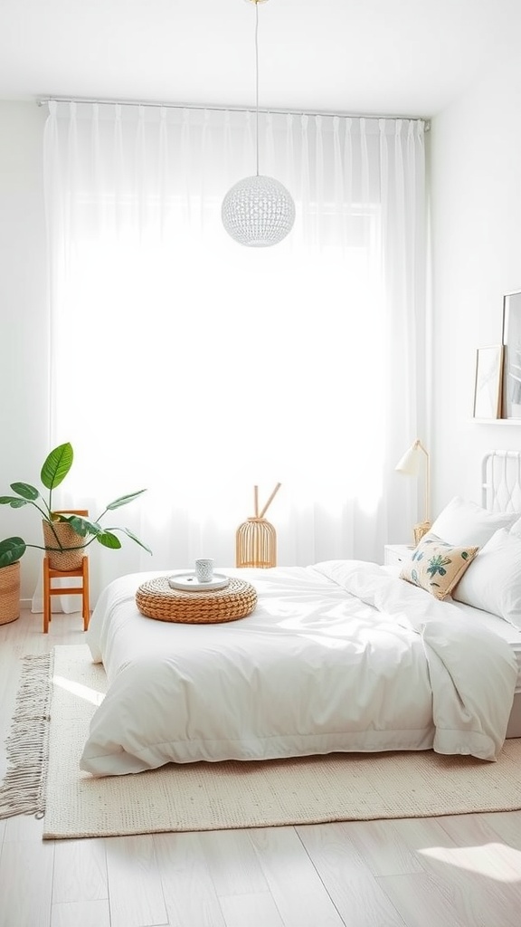 A minimalist monochrome bedroom featuring white bedding, a light wooden floor, and a potted plant.