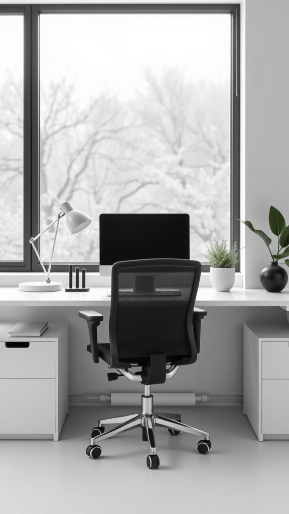 Minimalist monochrome home office with a desk, ergonomic chair, and plant