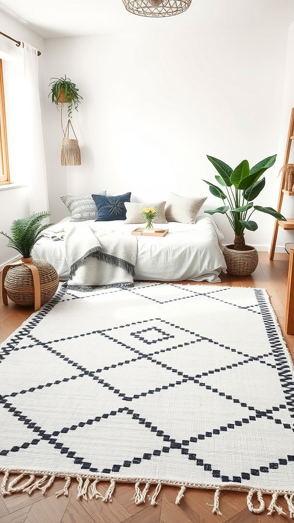 A minimalist monochrome rug with geometric patterns in a cozy bedroom setting.