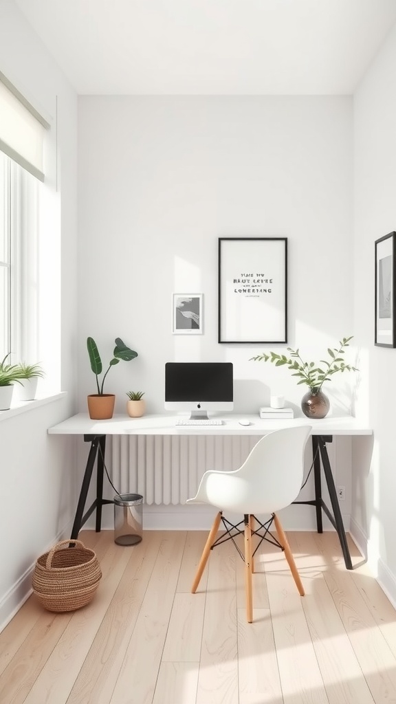 A minimalist Scandinavian home office with a white desk, computer, and plants.