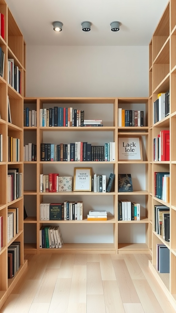 A minimalist Scandinavian library with light wood shelves and a tidy arrangement of books.