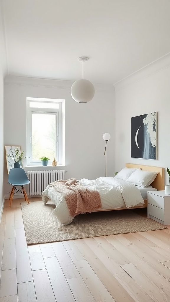 A bright and minimalist Scandinavian bedroom featuring white linens, light wood floors, and simple furniture.