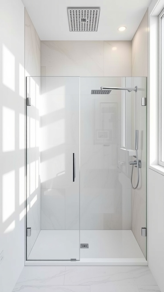 A minimalist walk-in shower with glass walls and a spacious design featuring light-colored tiles.