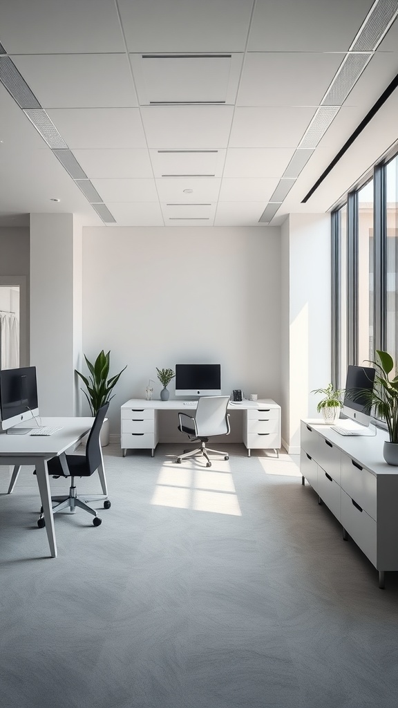 Minimalist office design with two desks, ergonomic chairs, and plants, showcasing a clean and open workspace.