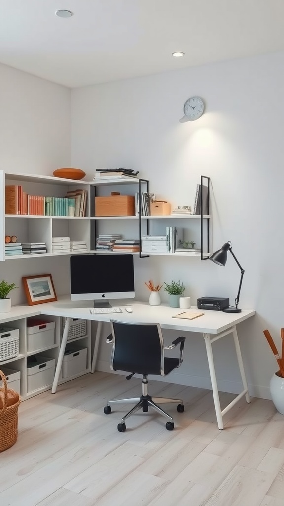 Minimalist workspace with desk, black chair, and organized shelf storage