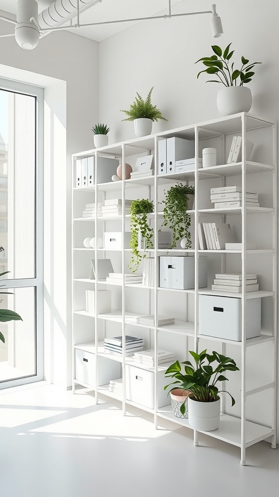 A bright and minimalist workspace featuring modular white shelving filled with books and plants.