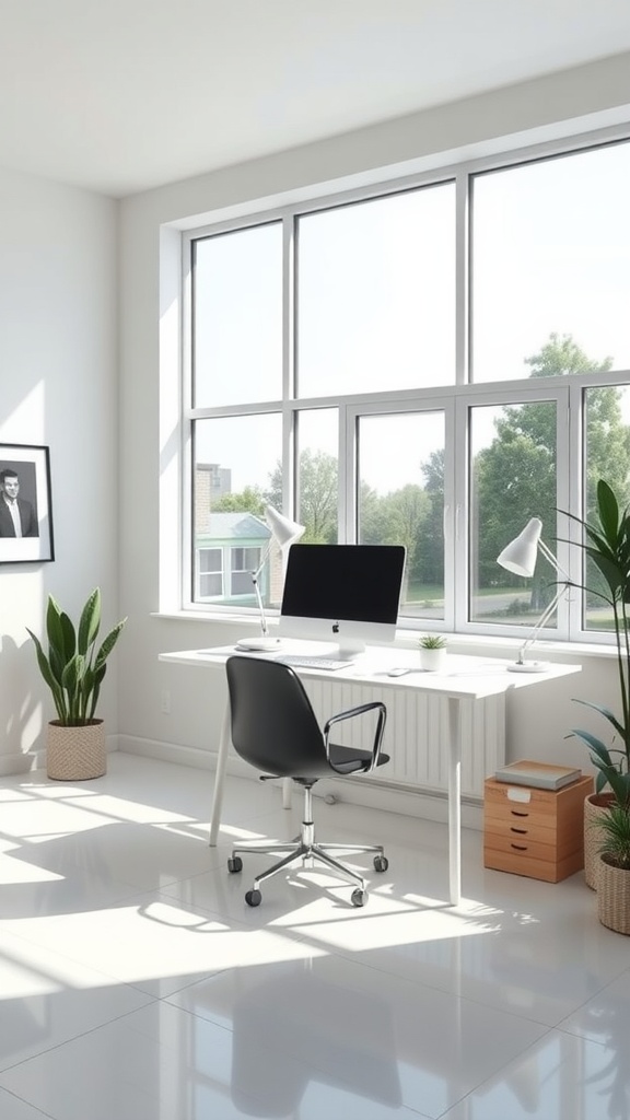 A minimalist home office featuring a white desk, black chair, large windows, and green plants.