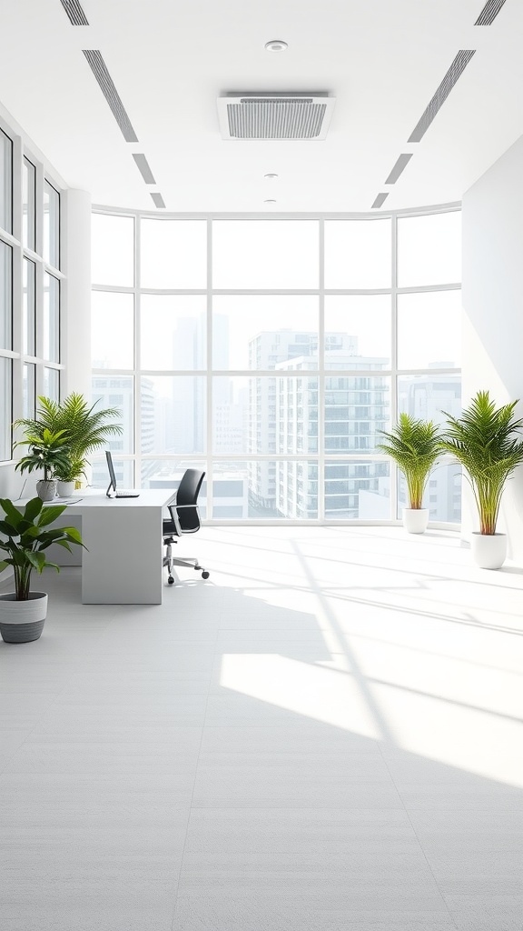 A minimalist office space with large windows, natural light, and plants.