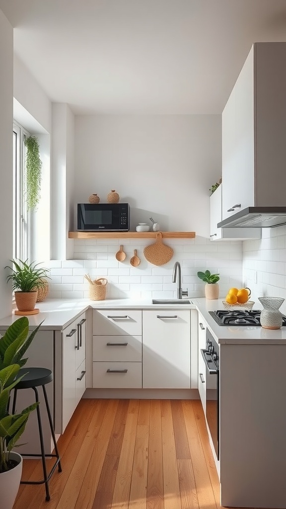 A small, minimalistic kitchen featuring white cabinets, wooden flooring, and plants.