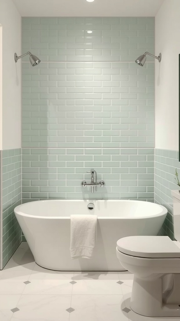 A modern bathroom featuring mint green accent tiles on the walls, a white bathtub, and sleek fixtures.