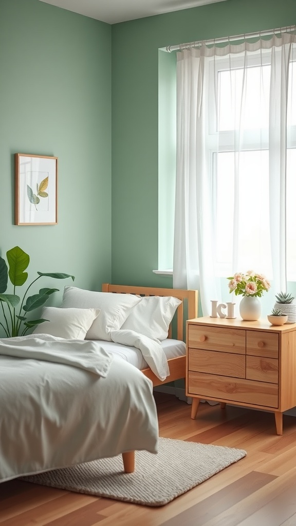 A cozy bedroom with mint green walls, light furniture, and plants, designed to feel spacious.