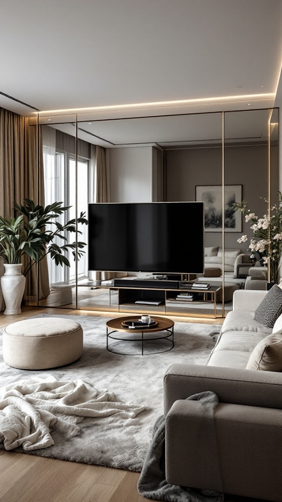A modern living room featuring a television framed by mirror finishes, with elegant furniture and decor.