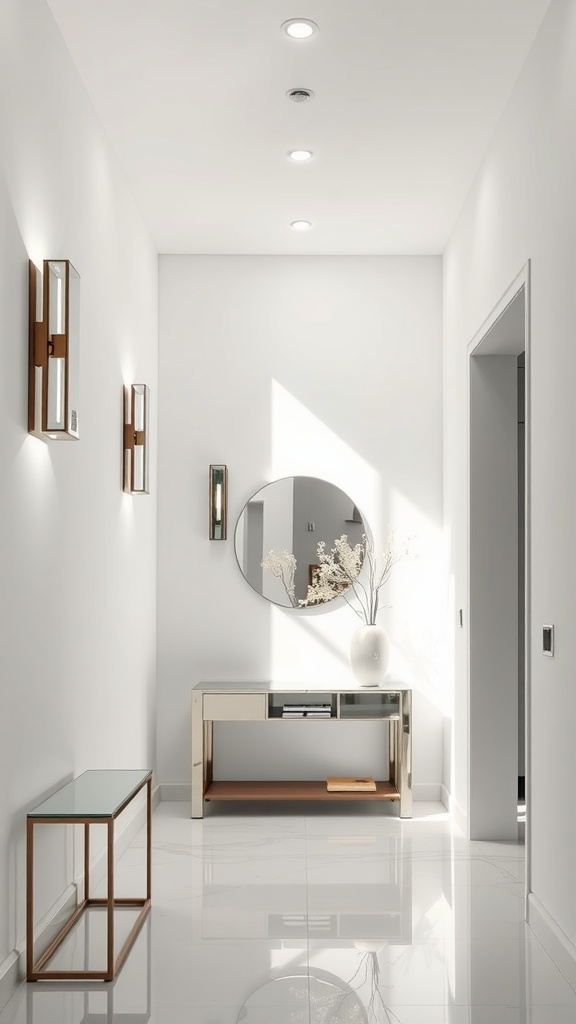 A modern foyer with mirrored lighting fixtures, a round mirror, and a stylish console table.