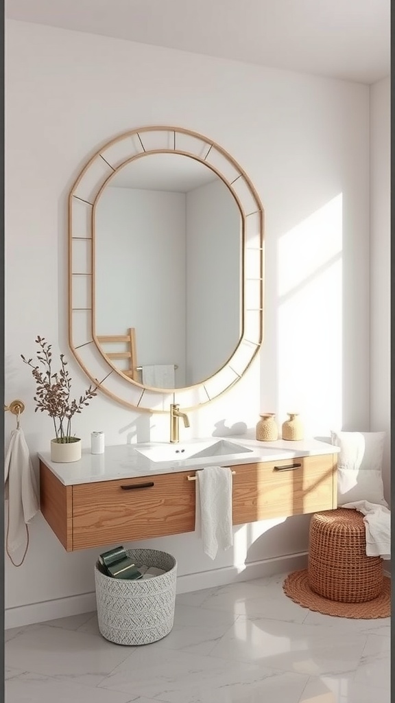 Stylish bathroom with a large round mirror, wooden vanity, and natural light.