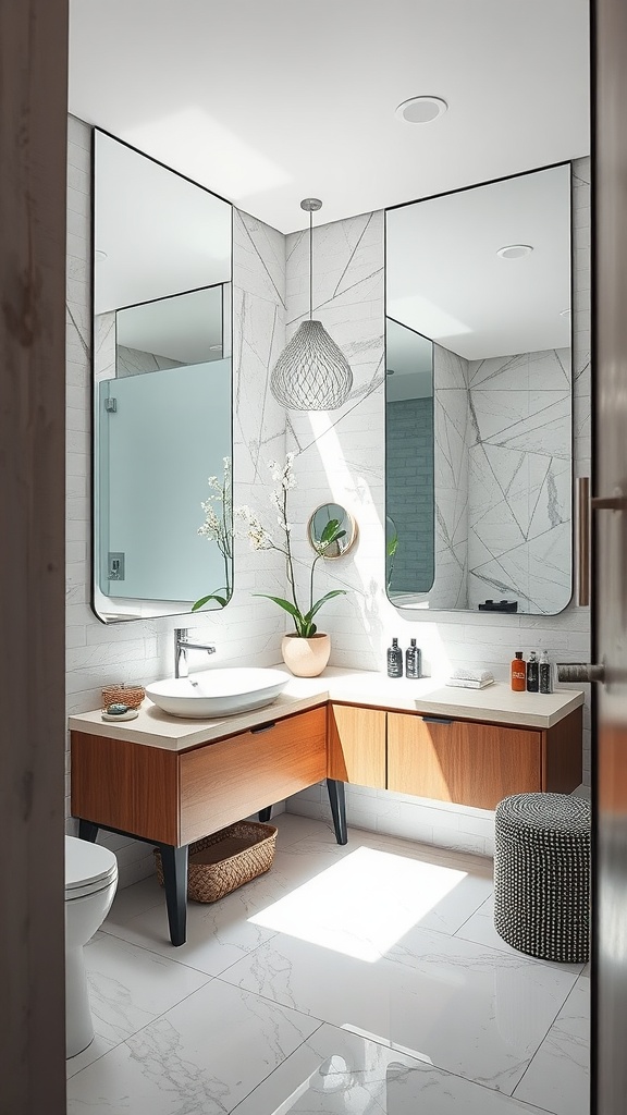 A small bathroom featuring large mirrors that enhance the space and brightness.