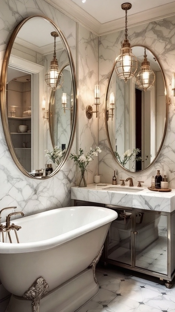 A small bathroom featuring elegant mirrors and modern fixtures with a marble wall design.