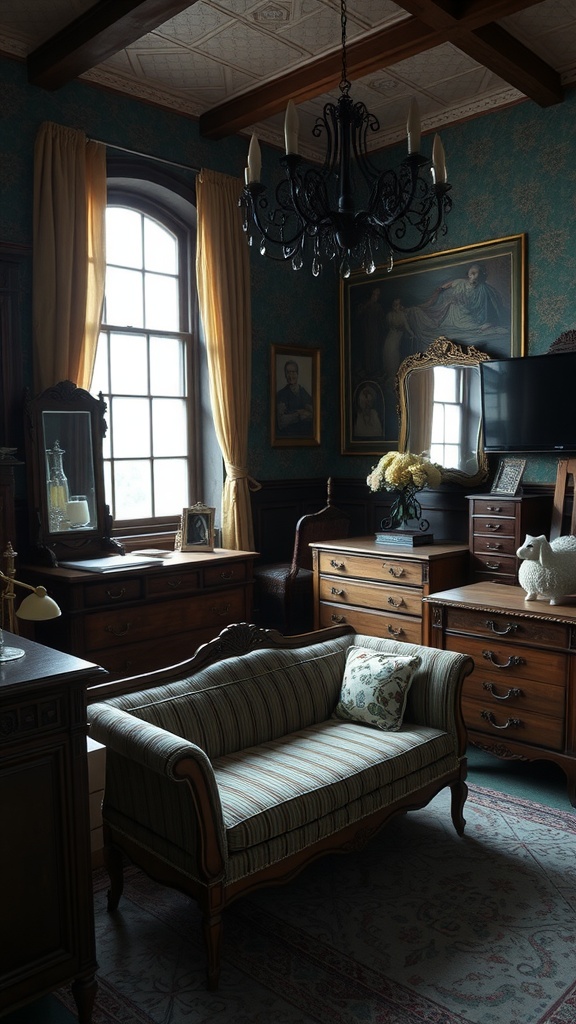A cozy room featuring mismatched antique furniture, including a striped sofa, wooden dressers, and an elegant chandelier.