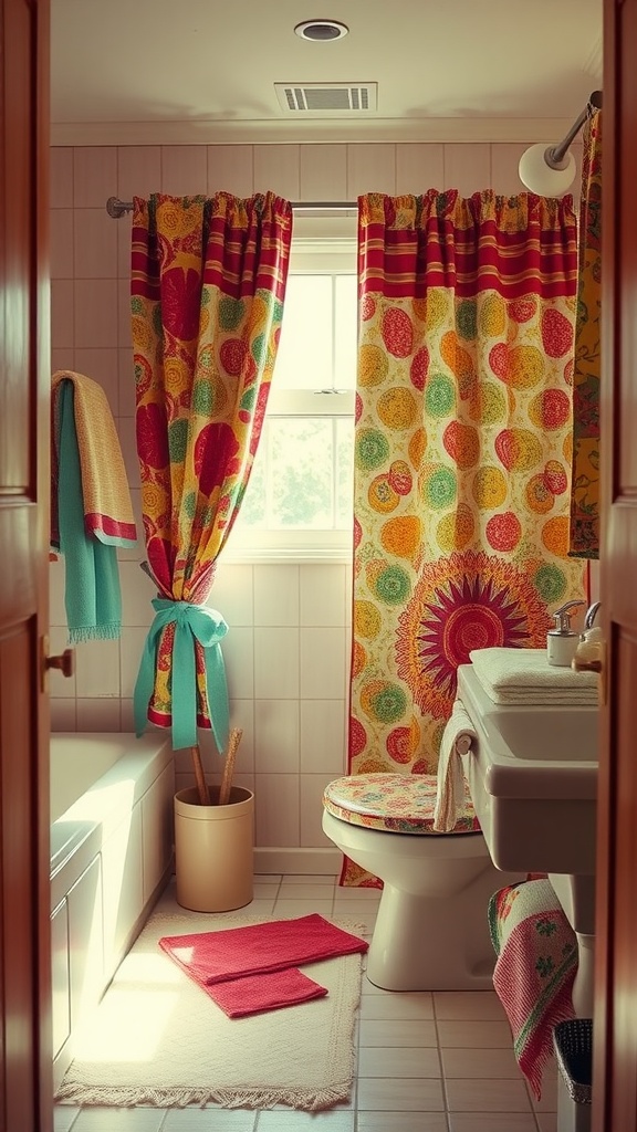 A colorful 70s inspired bathroom showcasing mismatched textiles with vibrant shower curtains and bath mats.