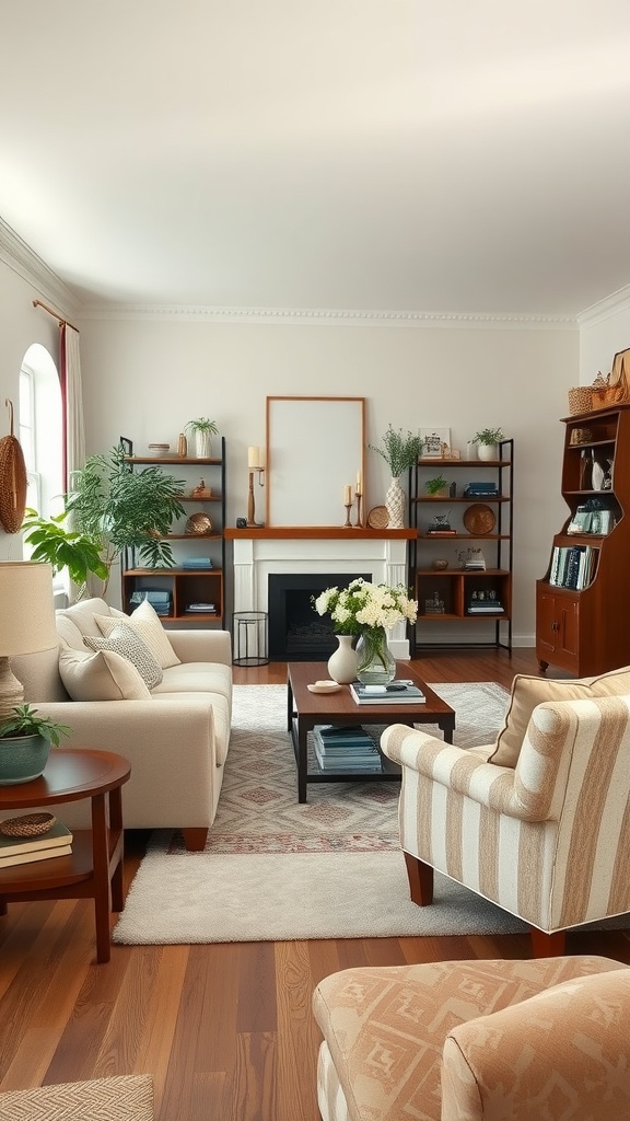 Cozy farmhouse living room with mixed furniture styles including a light sofa and a striped armchair.