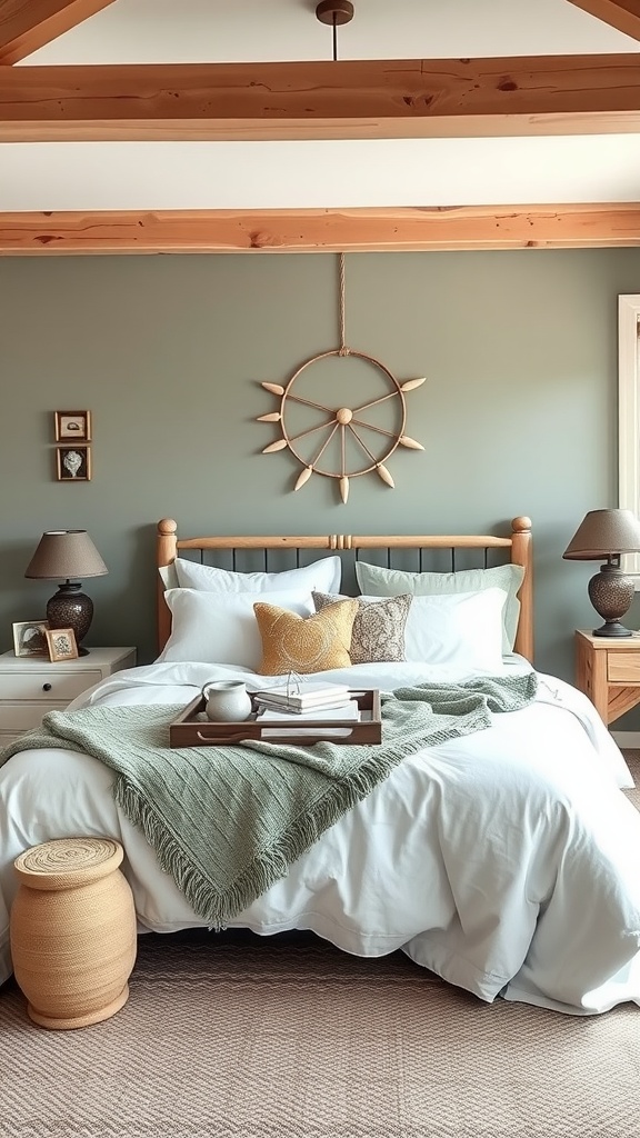 Cozy bedroom featuring sage green walls and neutral decor