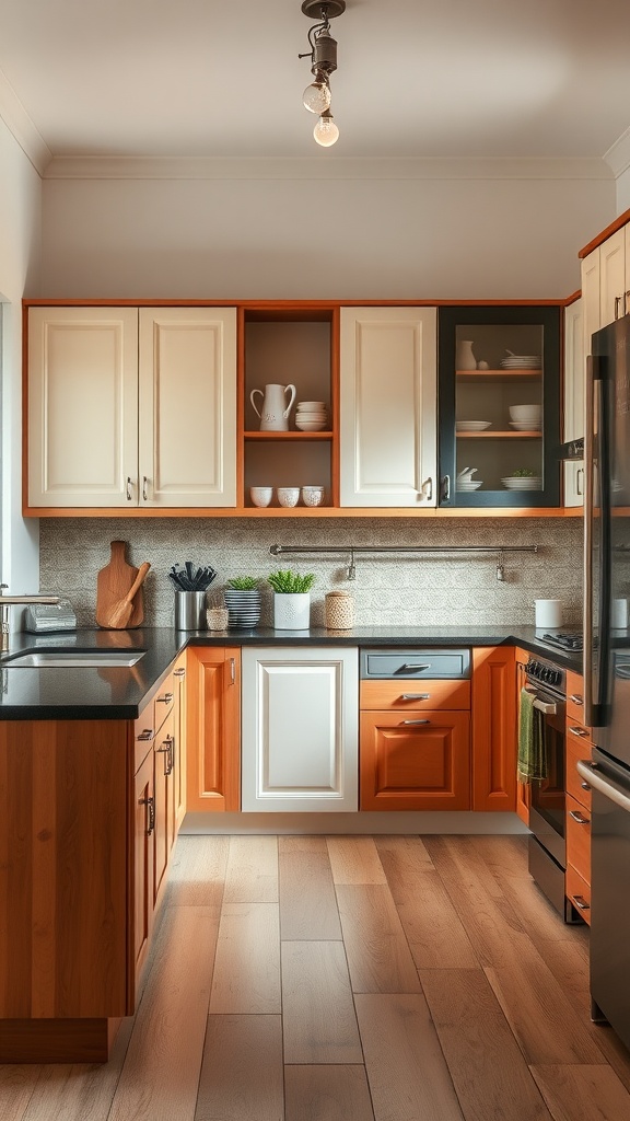A kitchen with a mix of cabinet styles, featuring warm wood tones, white cabinets, and open shelving.