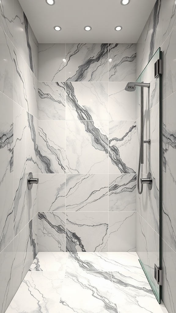 A modern walk-in shower featuring large white marble tiles with black veining and a glass door.