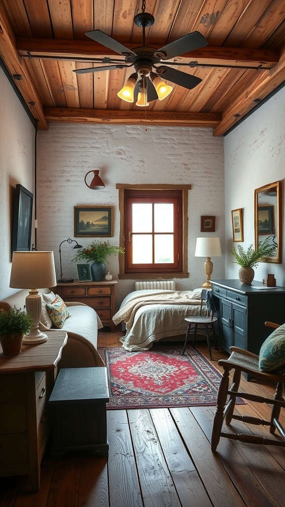 Cozy rustic bedroom with wooden beams, mixed furniture styles, and natural light.