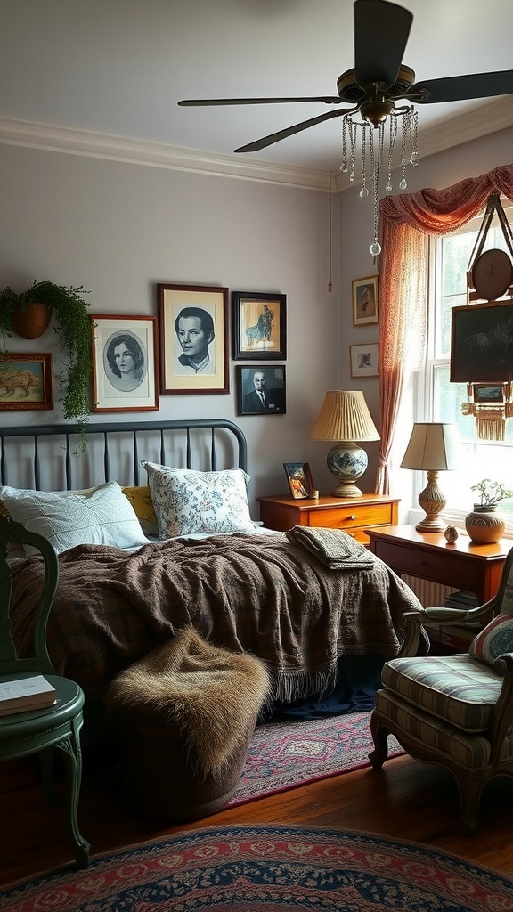 A cozy boho bedroom featuring a mix of vintage and modern furniture, with artworks on the wall and soft textures.