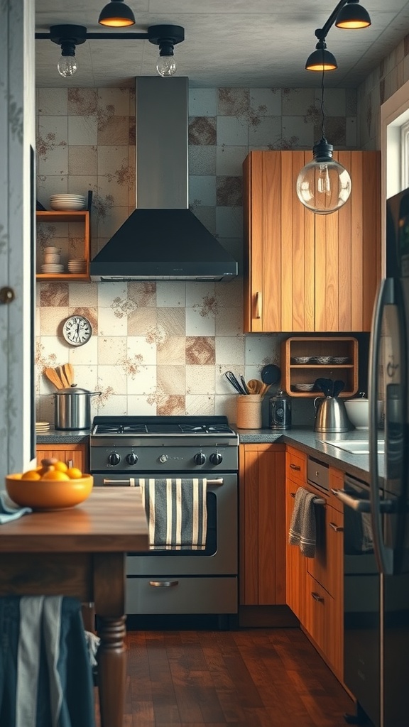 A cozy rustic modern kitchen featuring wooden cabinets, a sleek stove, and unique tile backsplash.