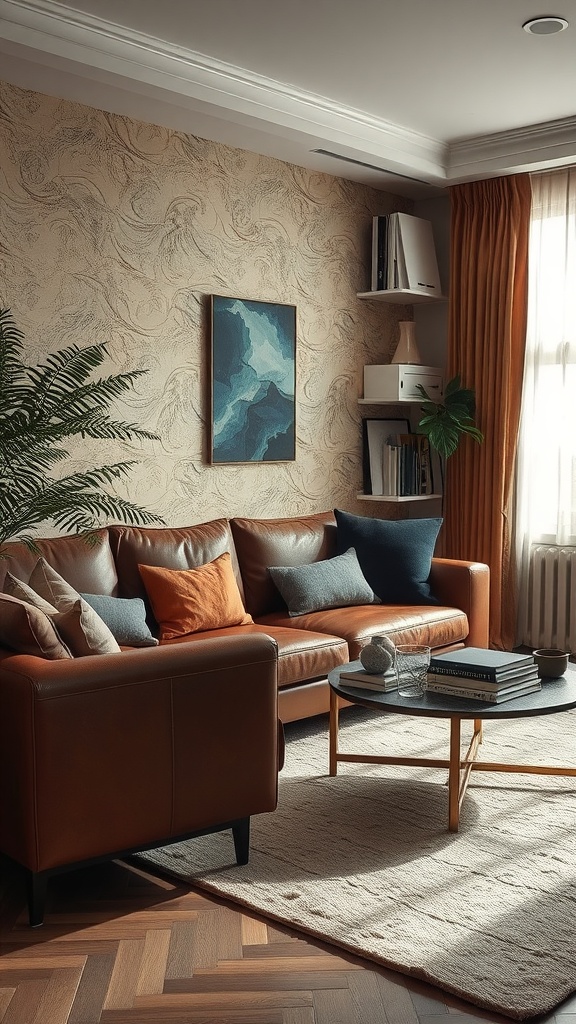 A cozy living room with a leather sofa, decorative cushions, a round coffee table, and a patterned wallpaper.