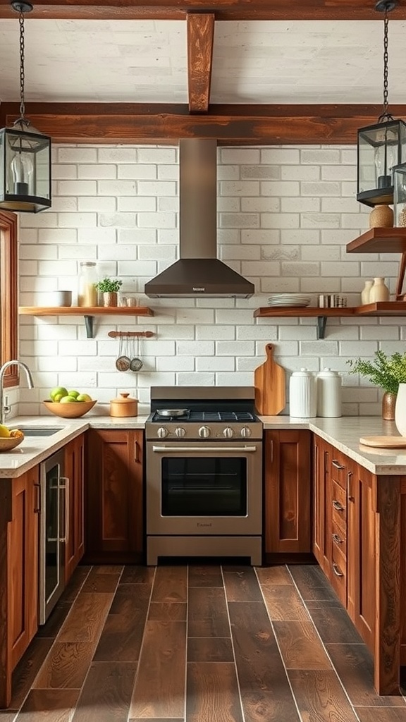 A kitchen featuring wooden cabinets, a stone countertop, metal accents, and a brick backsplash.
