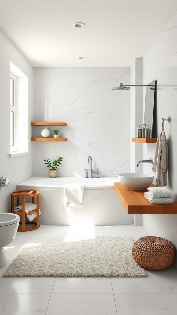 A modern transitional bathroom featuring marble tiles, wooden shelves, a cozy rug, and plants.