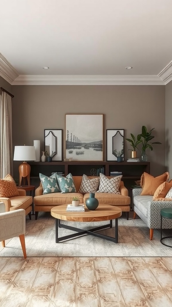 Cozy living room featuring mixed textures and patterns with colorful cushions, a wooden coffee table, and artwork on the walls.