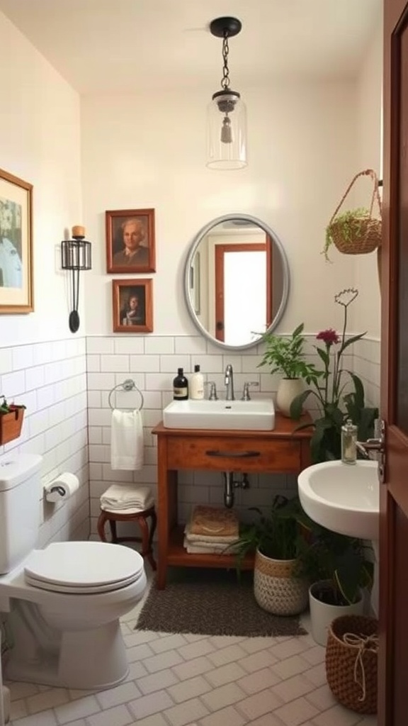 Cozy bathroom with wooden vanity, white tiles, vintage pictures, and plants.