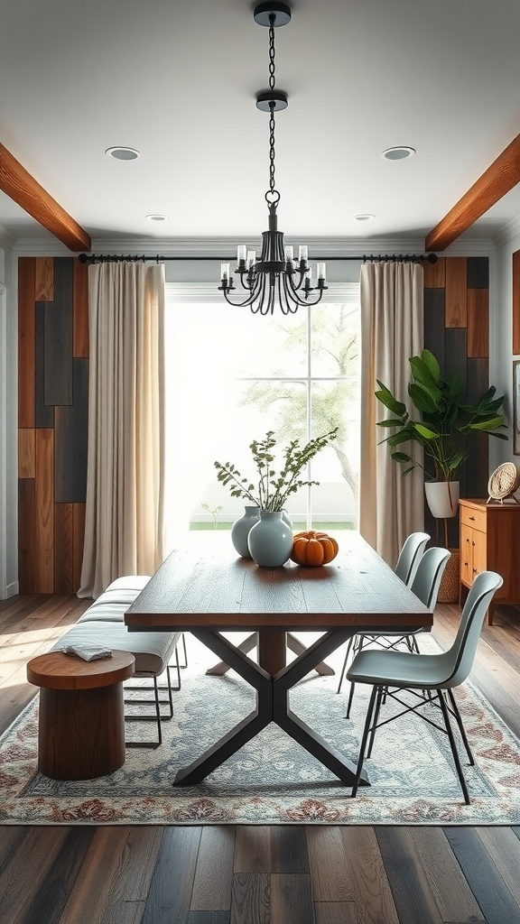 Modern farmhouse dining room featuring a wooden table, metal chairs, and a cozy atmosphere