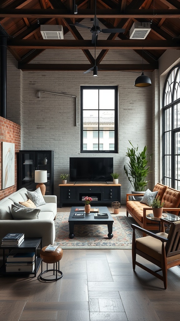 A stylish living room featuring modern and rustic elements with a high wooden ceiling and large windows.