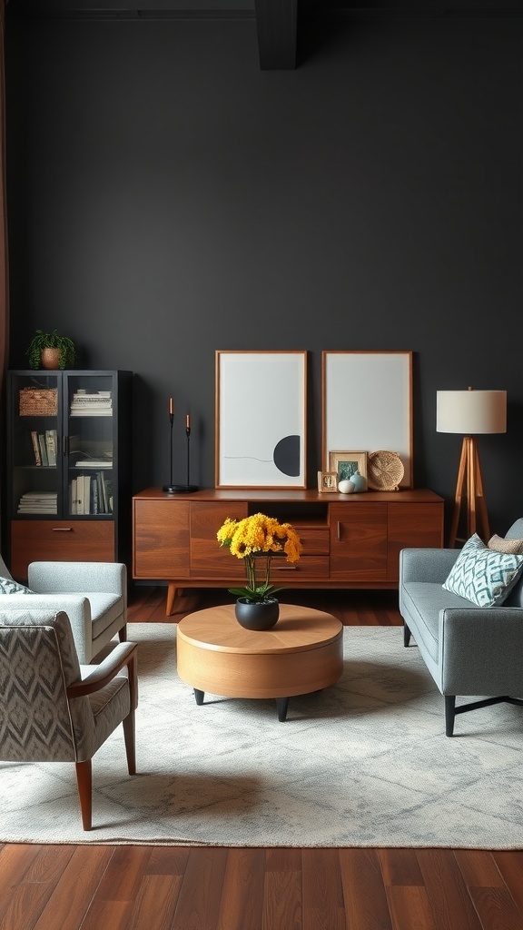 Cozy farmhouse living room with vintage and modern furniture, featuring a dark wall and warm wooden tones.