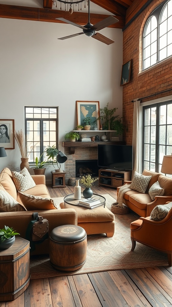 A cozy living room with rustic accents, featuring wooden beams, warm-toned furniture, and large windows.