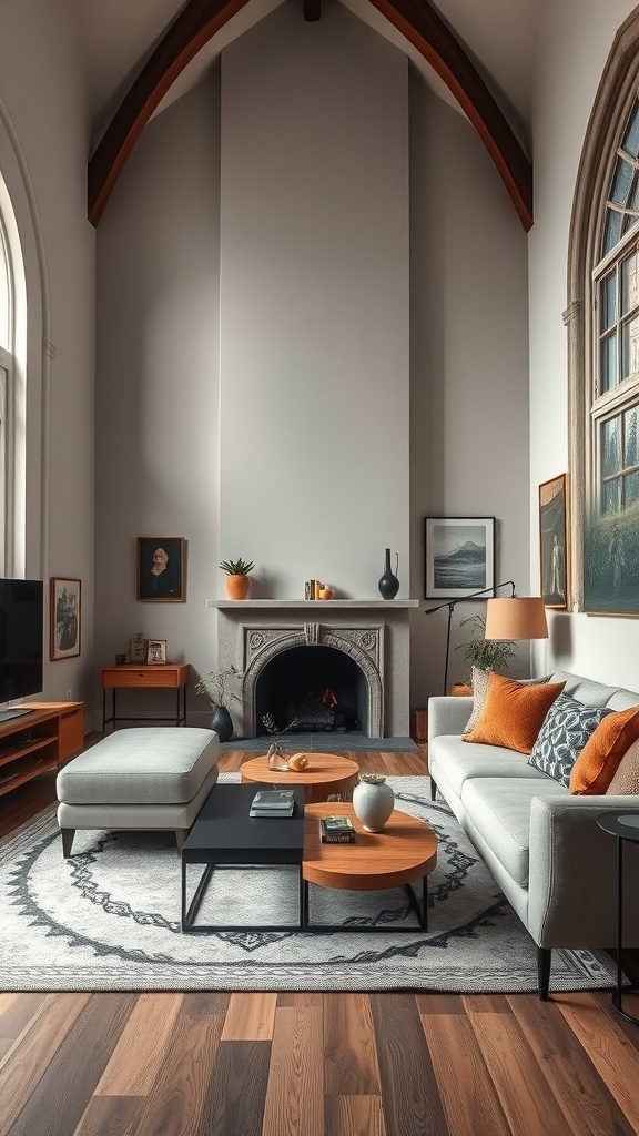 A modern living room featuring Gothic architectural elements, with a tall arched ceiling and a cozy fireplace, complemented by minimalist furniture and warm accents.