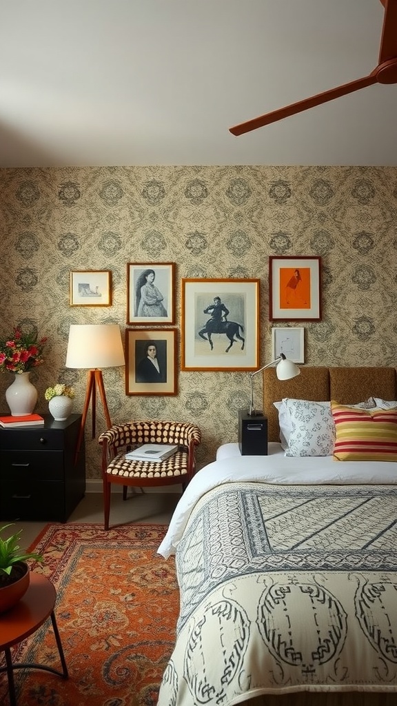 A cozy Boho Mid-Century Modern bedroom featuring patterned wallpaper, mixed prints on bedding and pillows, and a combination of unique furniture.