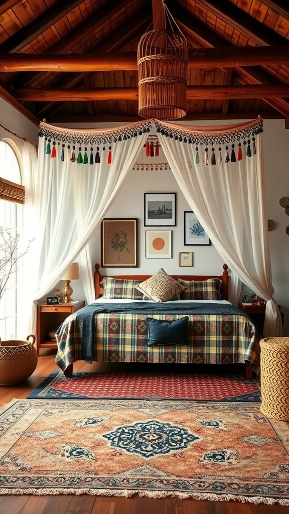 A cozy boho bedroom featuring a canopy bed, plaid bedding, and an array of patterned rugs.