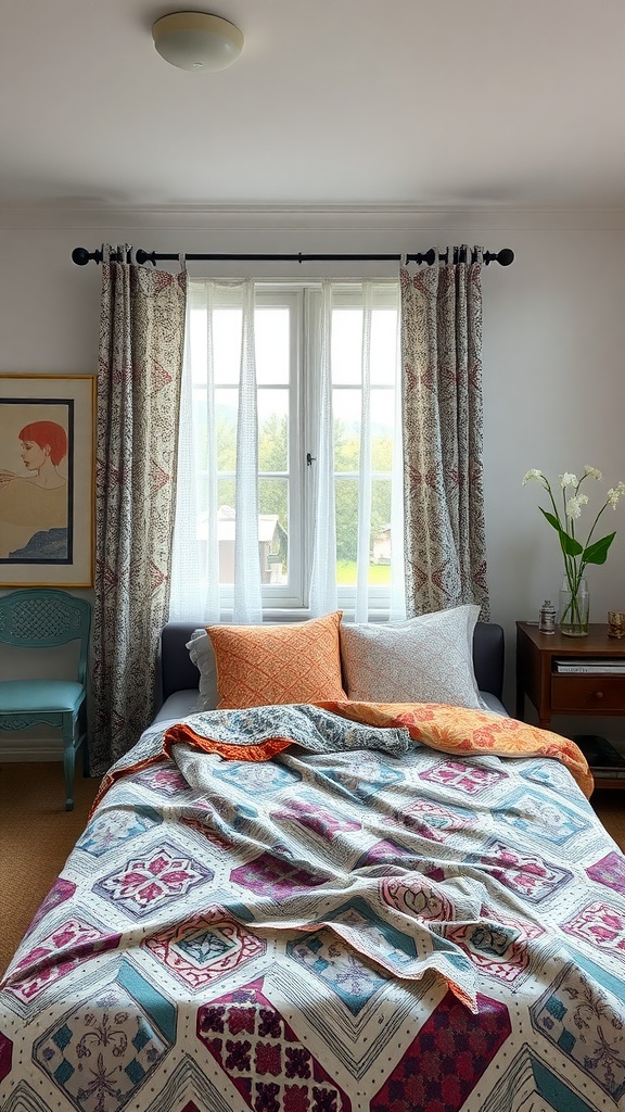 A stylish bedroom featuring a colorful quilt, patterned curtains, and decorative pillows.