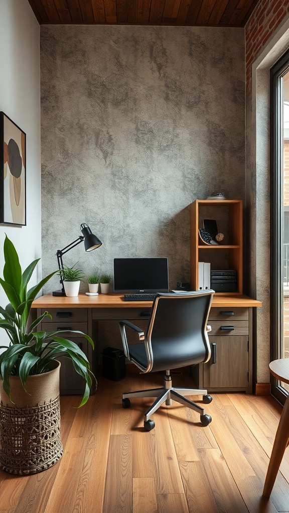 A modern small home office with a mix of textures, featuring a wooden desk, a black chair, and indoor plants.