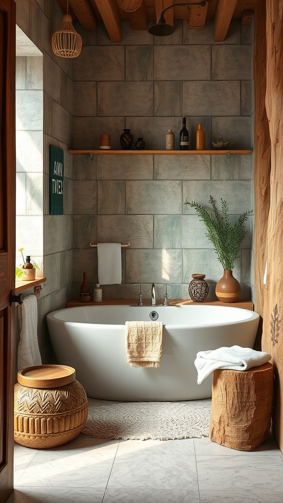 A beautifully styled Boho bathroom featuring a white tub, wooden elements, and a mix of textures.