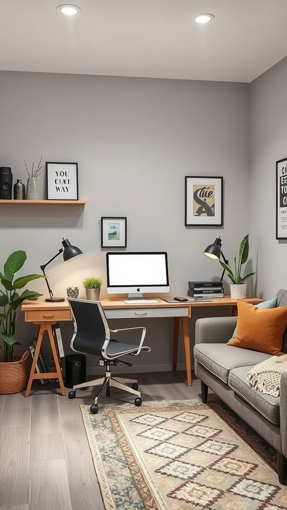 Cozy home office with a couch, desk, and plants