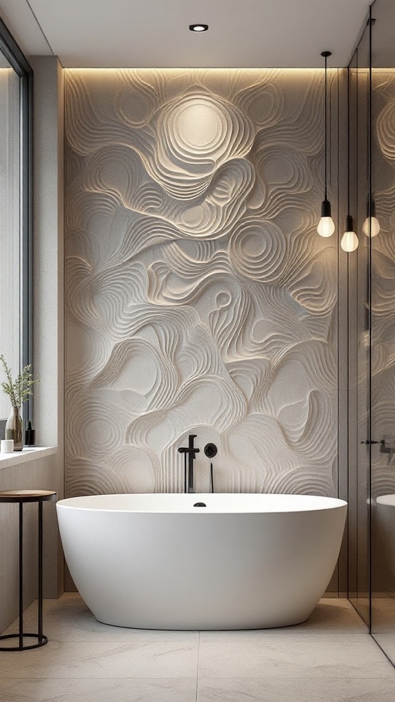 A modern bathroom featuring 3D wall panels and sleek white fixtures.