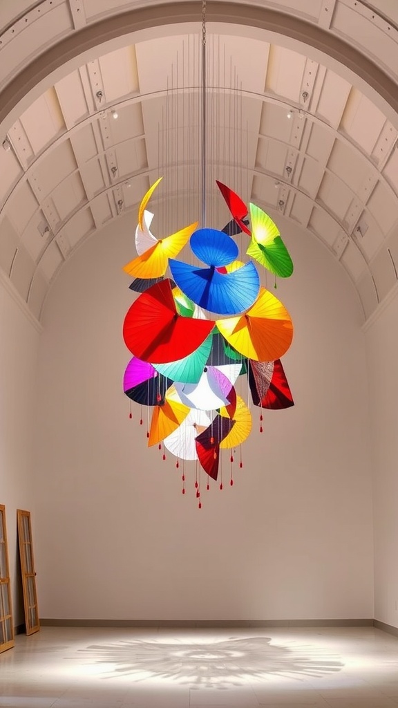 Colorful umbrella chandelier hanging from a vaulted ceiling, casting shadows on the floor.